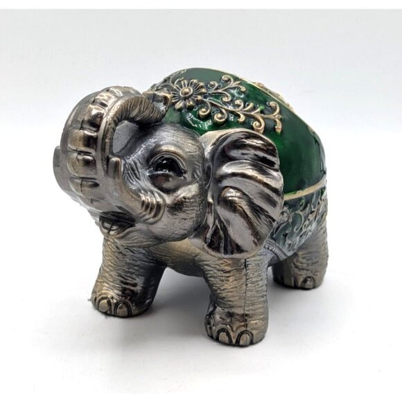 Vtg Enameled Metal Elephant Cigarette Ashtray with Hinged Lid Green Brass 6" - Picture 2 of 8